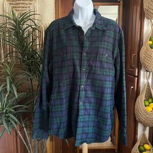 Sewn for J.Crew Plaid Flannel Shirt Men’s L Slim | Green Blue Grunge Soft Cotton
